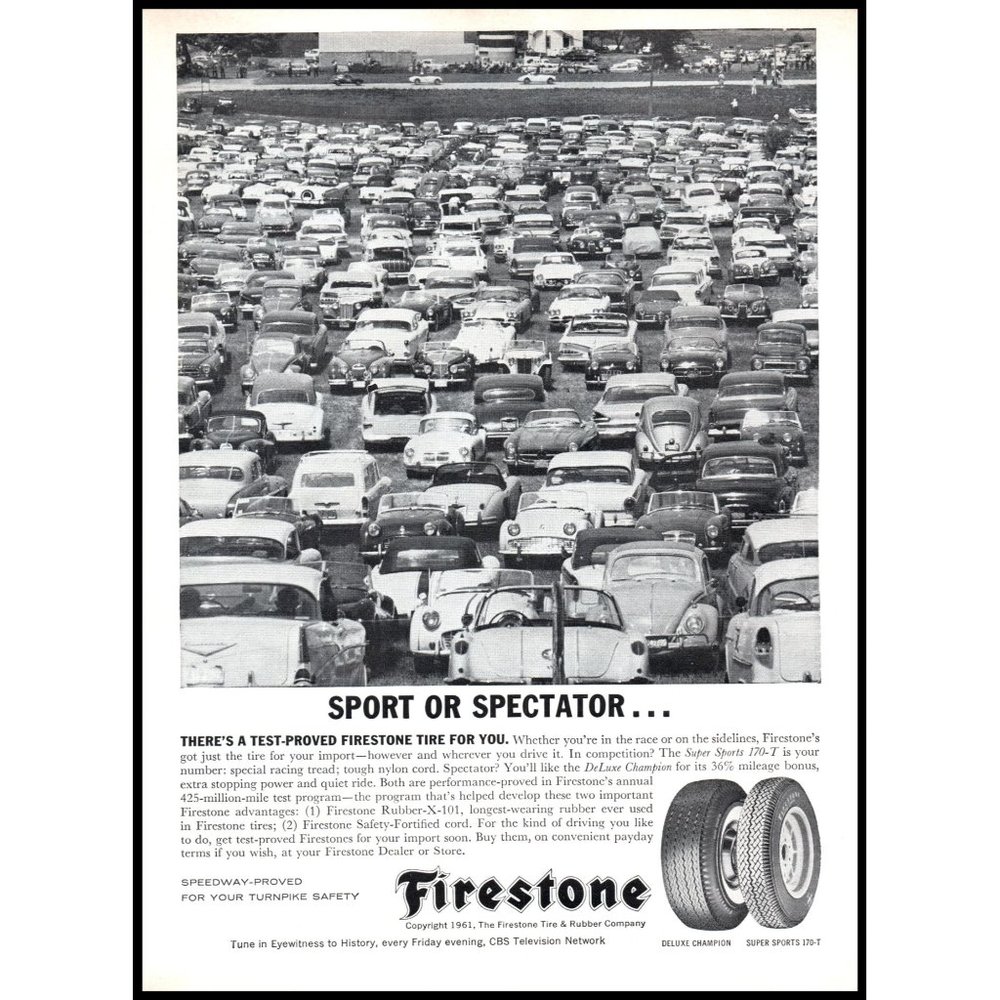 1961 Firestone Tires Sport or Spectator Vintage Print Ad Park Lot Race Wall Art
